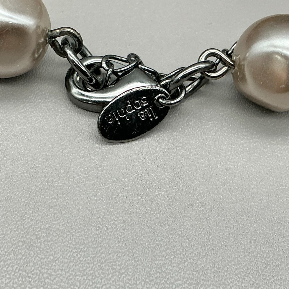 Lia Sophia Gunmetal Faux Pearl Crystal Floral Station Necklace Retired 28 Inch - Picture 3 of 9